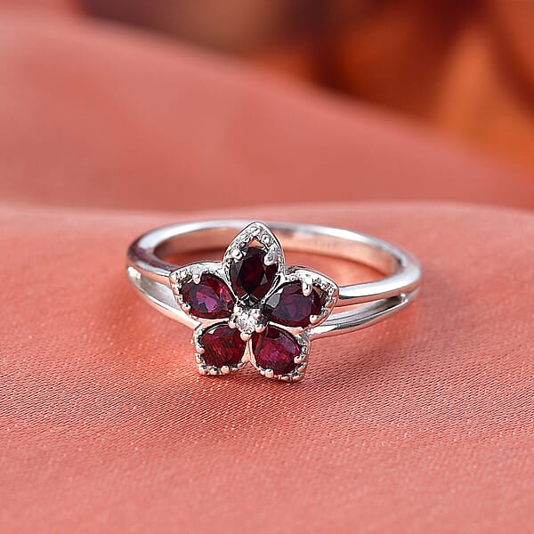 D'Joy Premium Anthill Garnet And Moissanite 1.15 Ctw Flower Ring In Rhodium Over Sterling Silver