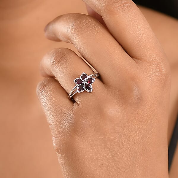 D'Joy Premium Anthill Garnet And Moissanite 1.15 Ctw Flower Ring In Rhodium Over Sterling Silver