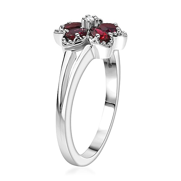 D'Joy Premium Anthill Garnet And Moissanite 1.15 Ctw Flower Ring In Rhodium Over Sterling Silver