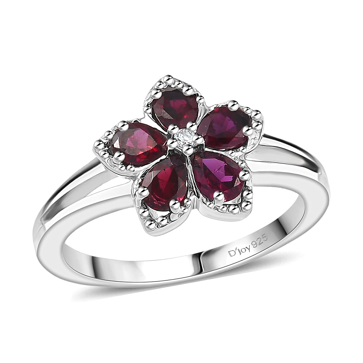 D'Joy Premium Anthill Garnet and Moissanite 1.15 ctw Flower Ring in Rhodium Over Sterling Silver