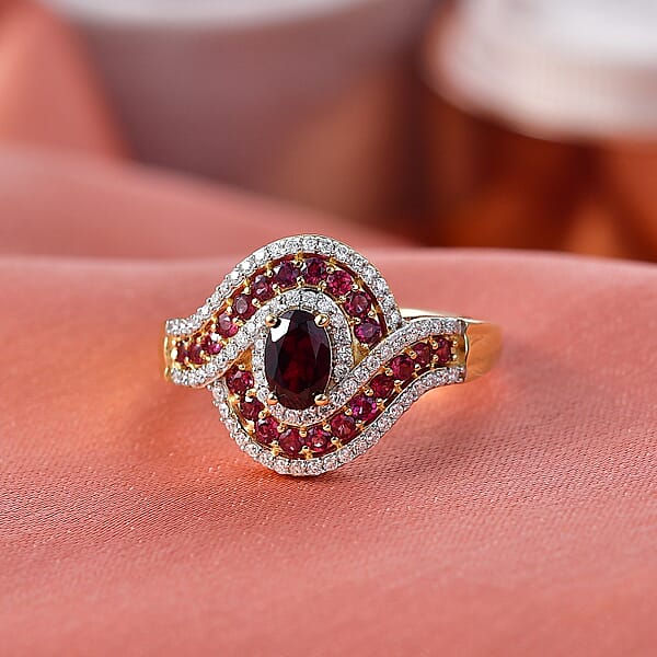 D'Joy Premium Anthill Garnet And Moissanite 1.40 Ctw Love Flow Ring In 18K Vermeil Yellow Gold Over Sterling Silver