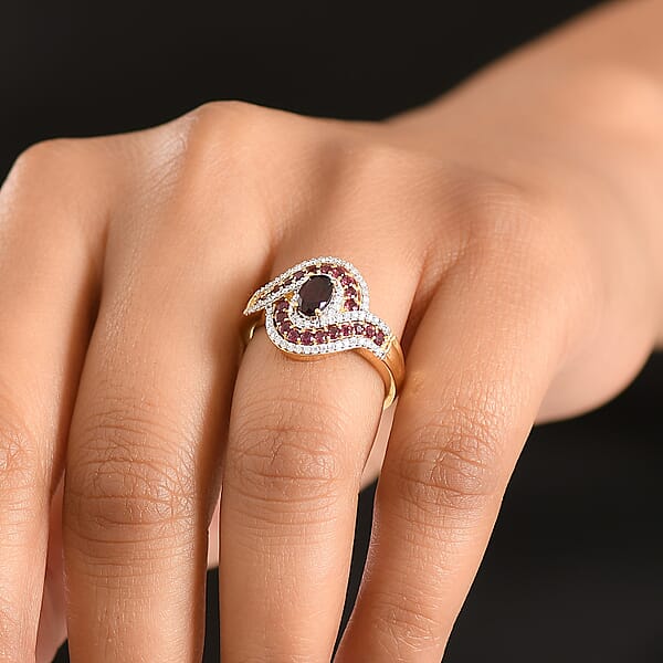 D'Joy Premium Anthill Garnet And Moissanite 1.40 Ctw Love Flow Ring In 18K Vermeil Yellow Gold Over Sterling Silver
