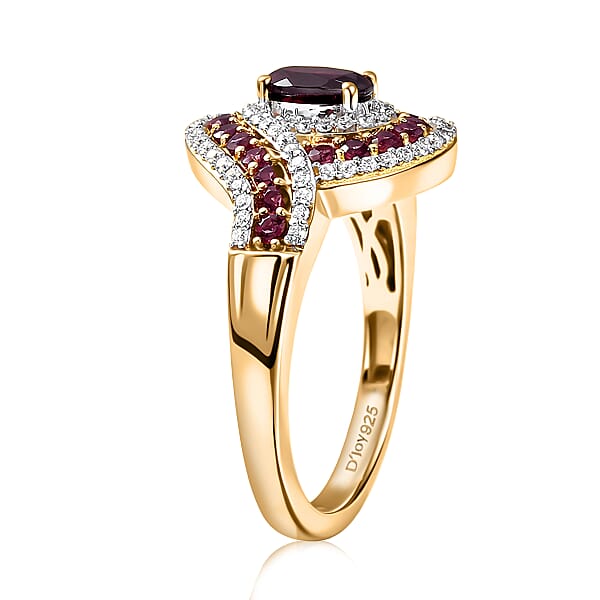 D'Joy Premium Anthill Garnet And Moissanite 1.40 Ctw Love Flow Ring In 18K Vermeil Yellow Gold Over Sterling Silver