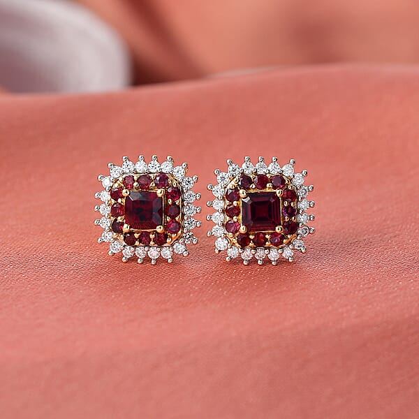 D'Joy Premium Anthill Garnet And Moissanite 1.85 Ctw Crimson Core Earrings In 18K Vermeil Yellow Gold Over Sterling Silver (Del. In 5-7 Days)