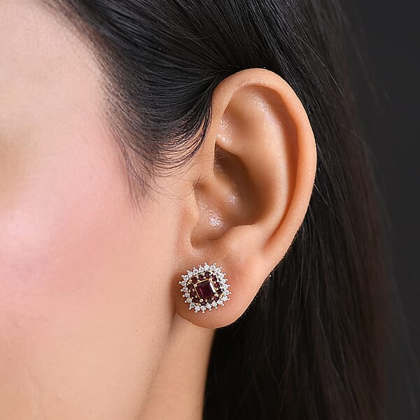 D'Joy Premium Anthill Garnet And Moissanite 1.85 Ctw Crimson Core Earrings In 18K Vermeil Yellow Gold Over Sterling Silver (Del. In 5-7 Days)