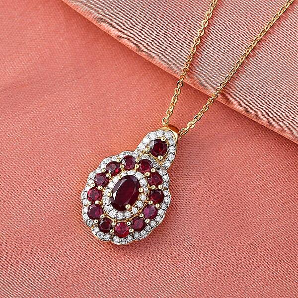D'Joy Premium Anthill Garnet And Moissanite 2.10 Ctw Crimson Bloom Pendant Necklace 20 Inches In 18K Vermeil Yellow Gold Over Sterling Silver (Del. In 5-7 Days)