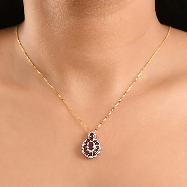 D'Joy Premium Anthill Garnet And Moissanite 2.10 Ctw Crimson Bloom Pendant Necklace 20 Inches In 18K Vermeil Yellow Gold Over Sterling Silver (Del. In 5-7 Days)