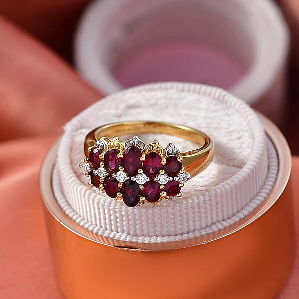 D'Joy Premium Anthill Garnet And Moissanite 2.20 Ctw Heritage Bloom Ring In 18K Vermeil YG And Rhodium Over Sterling Silver