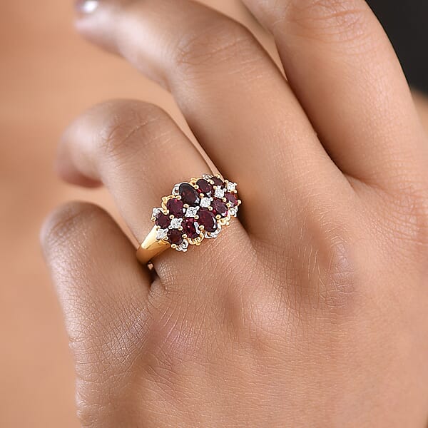 D'Joy Premium Anthill Garnet And Moissanite 2.20 Ctw Heritage Bloom Ring In 18K Vermeil YG And Rhodium Over Sterling Silver