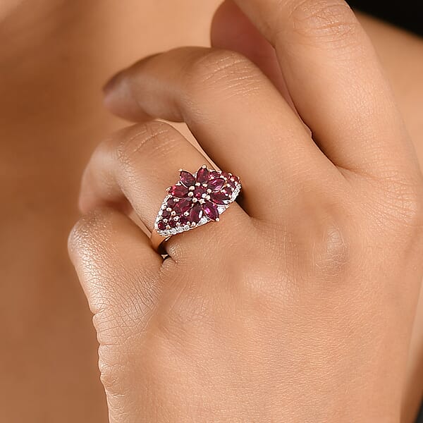 D'Joy Premium Anthill Garnet And Moissanite 2.30 Ctw Floral Embrace Ring In 18K Vermeil Rose Gold Over Sterling Silver (Del. In 5-7 Days)