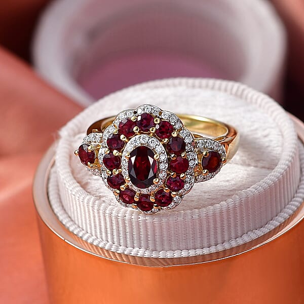 D'Joy Premium Anthill Garnet And Moissanite 2.40 Ctw Crimson Bloom Ring In 18K Vermeil Yellow Gold Over Sterling Silver