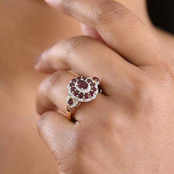 D'Joy Premium Anthill Garnet And Moissanite 2.40 Ctw Crimson Bloom Ring In 18K Vermeil Yellow Gold Over Sterling Silver
