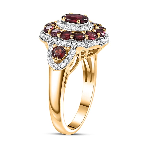 D'Joy Premium Anthill Garnet And Moissanite 2.40 Ctw Crimson Bloom Ring In 18K Vermeil Yellow Gold Over Sterling Silver