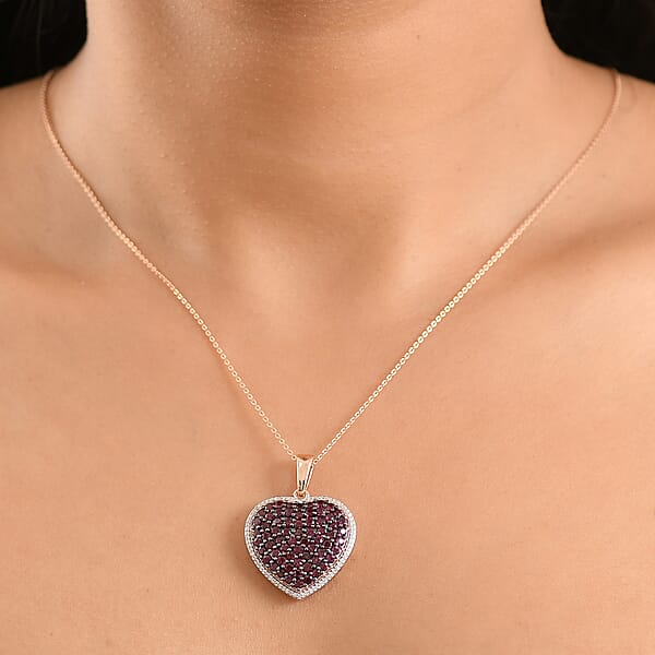 D'Joy Premium Anthill Garnet And Moissanite 3.50 Ctw Heart Pendant Necklace 20 Inches In 18K Vermeil Rose Gold Over Sterling Silver (Del. In 5-7 Days)