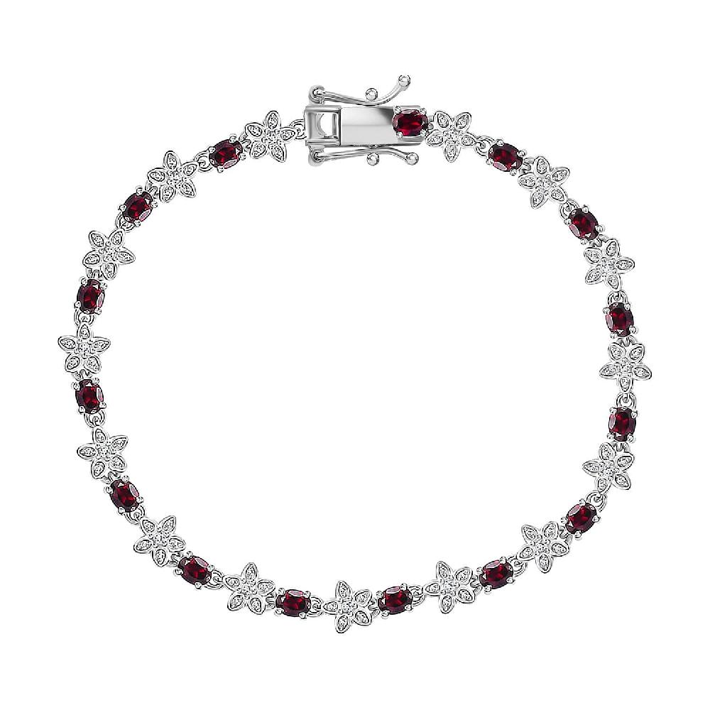 D'Joy Premium Anthill Garnet and Moissanite 5.30 ctw Flower Bracelet in Rhodium Over Sterling Silver (7.25 In)