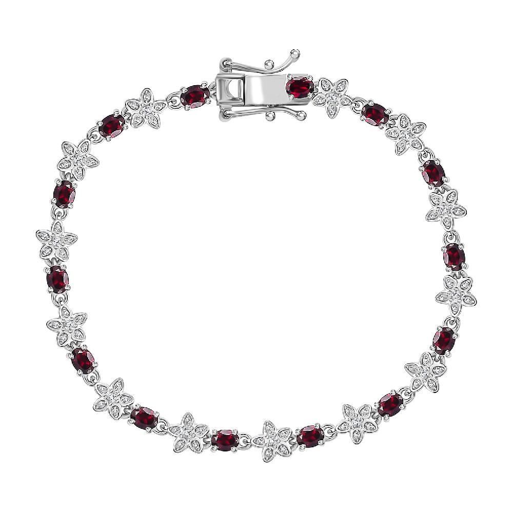 D'Joy Premium Anthill Garnet and Moissanite 6.00 ctw Flower Bracelet in Rhodium Over Sterling Silver (8.00 In)