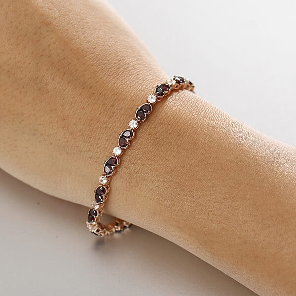 D'Joy Premium Anthill Garnet And White Zircon 7.85 Ctw Heart Bracelet In 18K Vermeil Rose Gold Over Sterling Silver (6.50 In)