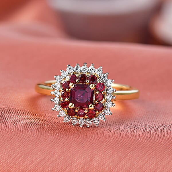 D'Joy Premium Anthill Garnet Moissanite 1.15 Ctw Crimson Core Ring In 18K Vermeil Yellow Gold Over Sterling Silver (Del. In 5-7 Days)