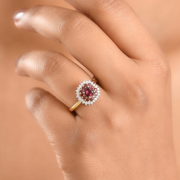 D'Joy Premium Anthill Garnet Moissanite 1.15 Ctw Crimson Core Ring In 18K Vermeil Yellow Gold Over Sterling Silver (Del. In 5-7 Days)