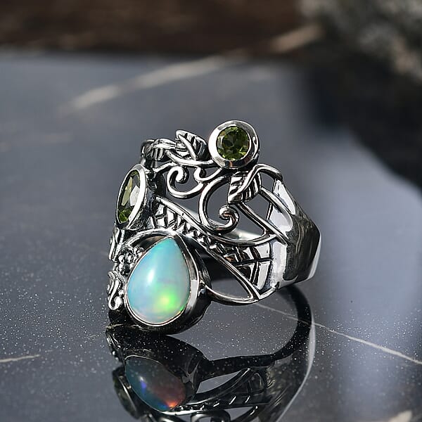 D'Joy Premium Artisan Crafted Ethiopian Welo Opal And Peridot 1.75 Ctw Ring In Sterling Silver