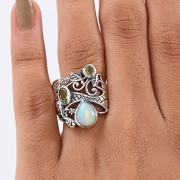 D'Joy Premium Artisan Crafted Ethiopian Welo Opal And Peridot 1.75 Ctw Ring In Sterling Silver