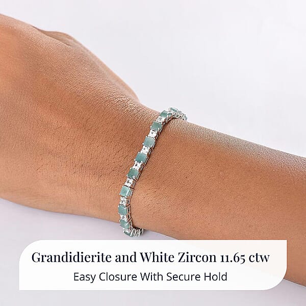 D'Joy Premium Asscher Cut Grandidierite And White Zircon 11.65 Ctw Art Deco Bracelet In Rhodium Over Sterling Silver (6.50 In)