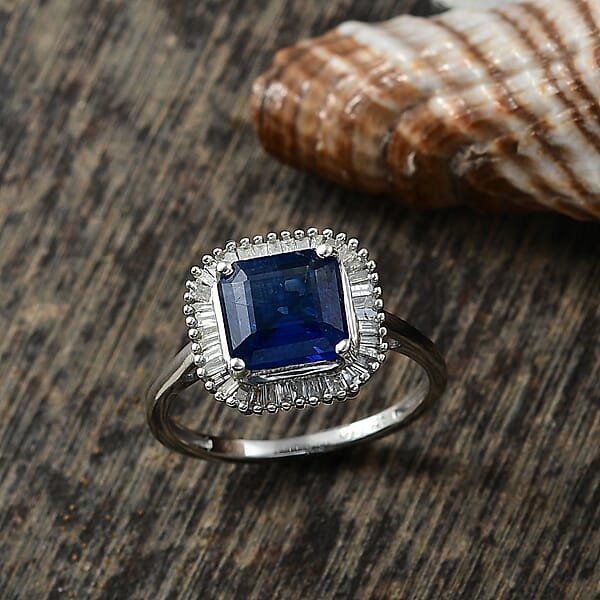 D'Joy Premium Asscher Cut Kashmir Kyanite And Diamond 3.35 Ctw Stargate Majesty Ring In Rhodium Over Sterling Silver