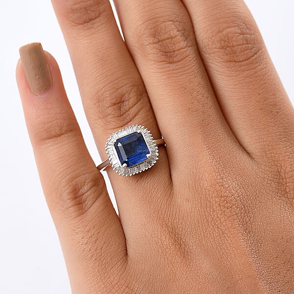 D'Joy Premium Asscher Cut Kashmir Kyanite And Diamond 3.35 Ctw Stargate Majesty Ring In Rhodium Over Sterling Silver