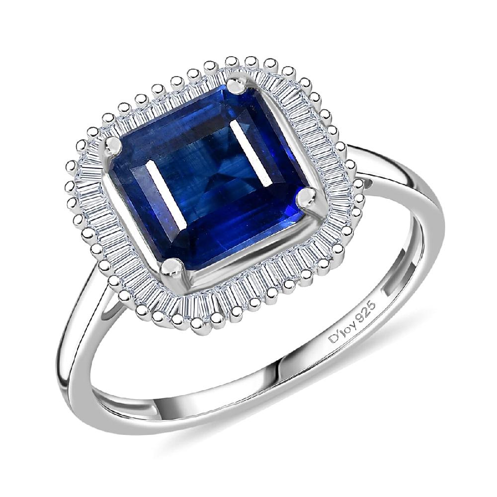 D'Joy Premium Asscher Cut Kashmir Kyanite and Diamond 3.35 ctw Stargate Majesty Ring in Rhodium Over Sterling Silver