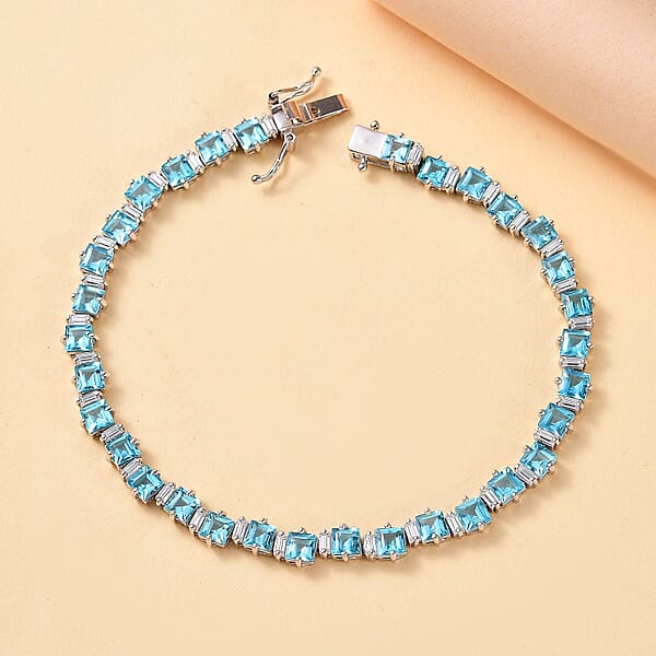 D'Joy Premium Betroka Blue Apatite And Moissanite 13.85 Ctw Sea Waves Bracelet In Rhodium Over Sterling Silver (8.00 In)