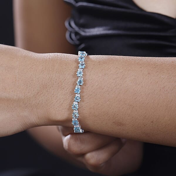 D'Joy Premium Betroka Blue Apatite And Moissanite 13.85 Ctw Sea Waves Bracelet In Rhodium Over Sterling Silver (8.00 In)