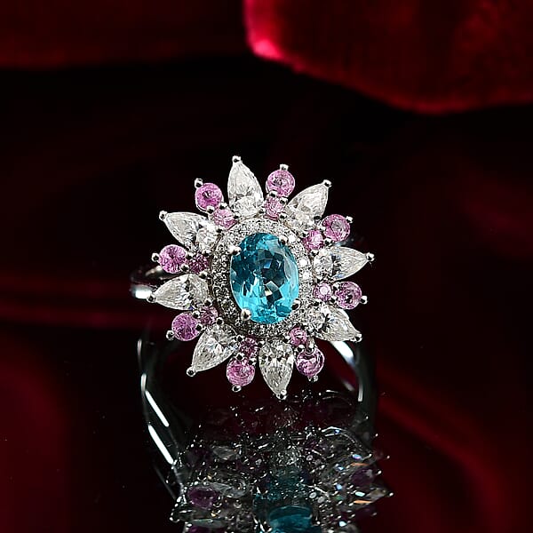 D'Joy Premium Betroka Blue Apatite And Multi Gemstone 3.70 Ctw Floral Ring In Rhodium Over Sterling Silver