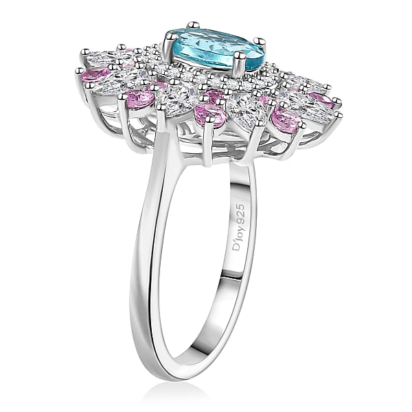 D'Joy Premium Betroka Blue Apatite And Multi Gemstone 3.70 Ctw Floral Ring In Rhodium Over Sterling Silver