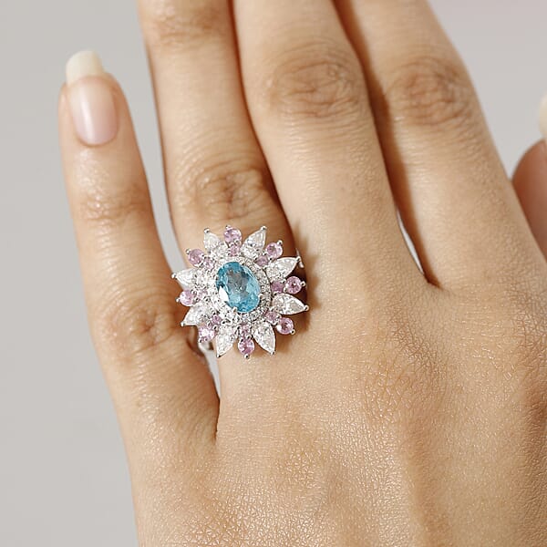 D'Joy Premium Betroka Blue Apatite And Multi Gemstone 3.70 Ctw Floral Ring In Rhodium Over Sterling Silver