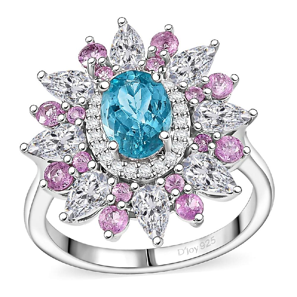 D'Joy Premium Betroka Blue Apatite and Multi Gemstone 3.70 ctw Floral Ring in Rhodium Over Sterling Silver