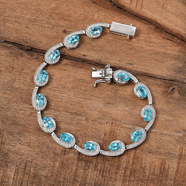 D'Joy Premium Betroka Blue Apatite And White Zircon 6.80 Ctw Sea Waves Bracelet In Rhodium Over Sterling Silver (6.50 In)