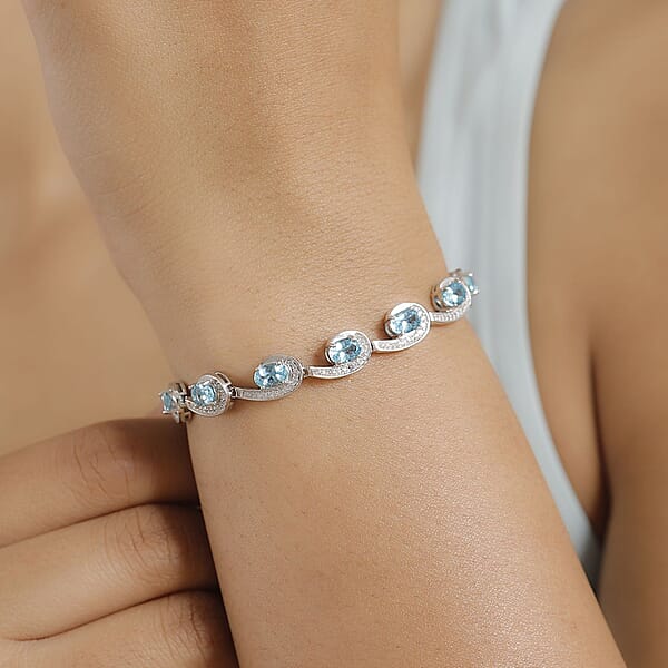 D'Joy Premium Betroka Blue Apatite And White Zircon 6.80 Ctw Sea Waves Bracelet In Rhodium Over Sterling Silver (6.50 In)