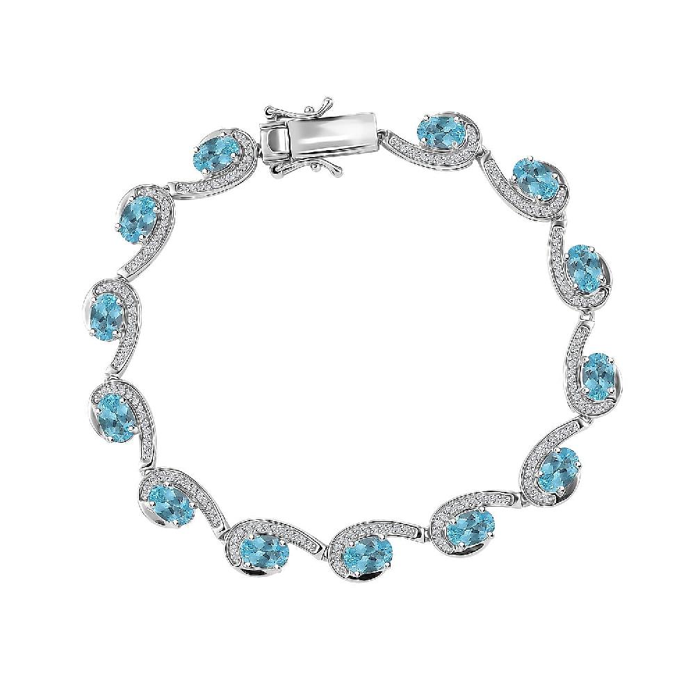 D'Joy Premium Betroka Blue Apatite and White Zircon 6.80 ctw Sea Waves Bracelet in Rhodium Over Sterling Silver (6.50 In)
