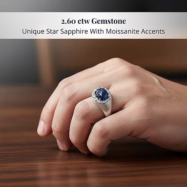 D'Joy Premium Blue Star Sapphire (DF) And Moissanite 2.60 Ctw Men's Ring In Rhodium Over Sterling Silver