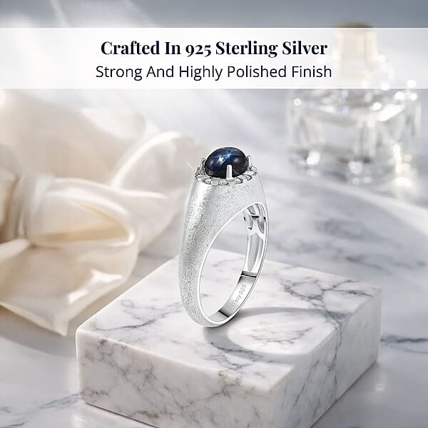 D'Joy Premium Blue Star Sapphire (DF) And Moissanite 2.60 Ctw Men's Ring In Rhodium Over Sterling Silver