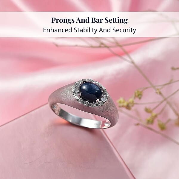 D'Joy Premium Blue Star Sapphire (DF) And Moissanite 2.60 Ctw Men's Ring In Rhodium Over Sterling Silver