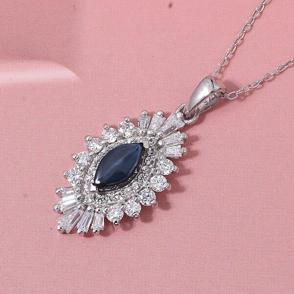 D'Joy Premium Blue Star Sapphire (DF) And Moissanite 1.65 Ctw Crown Ray Pendant Necklace In Rhodium Over Sterling Silver 20 Inches