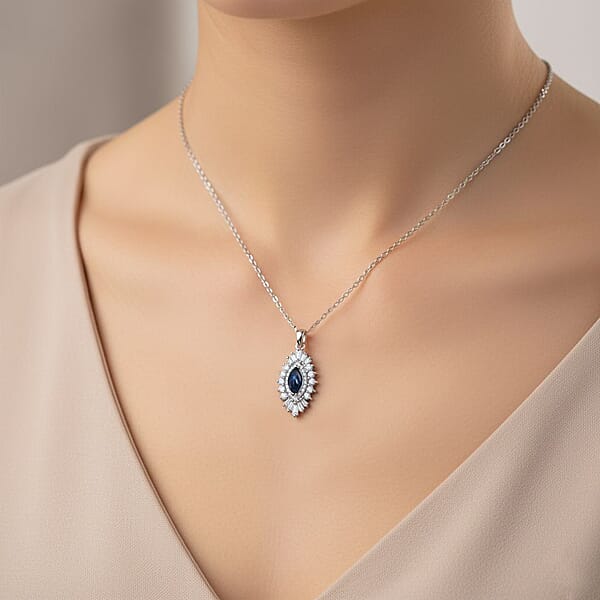 D'Joy Premium Blue Star Sapphire (DF) And Moissanite 1.65 Ctw Crown Ray Pendant Necklace In Rhodium Over Sterling Silver 20 Inches