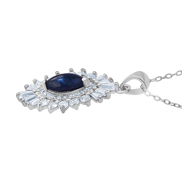 D'Joy Premium Blue Star Sapphire (DF) And Moissanite 1.65 Ctw Crown Ray Pendant Necklace In Rhodium Over Sterling Silver 20 Inches