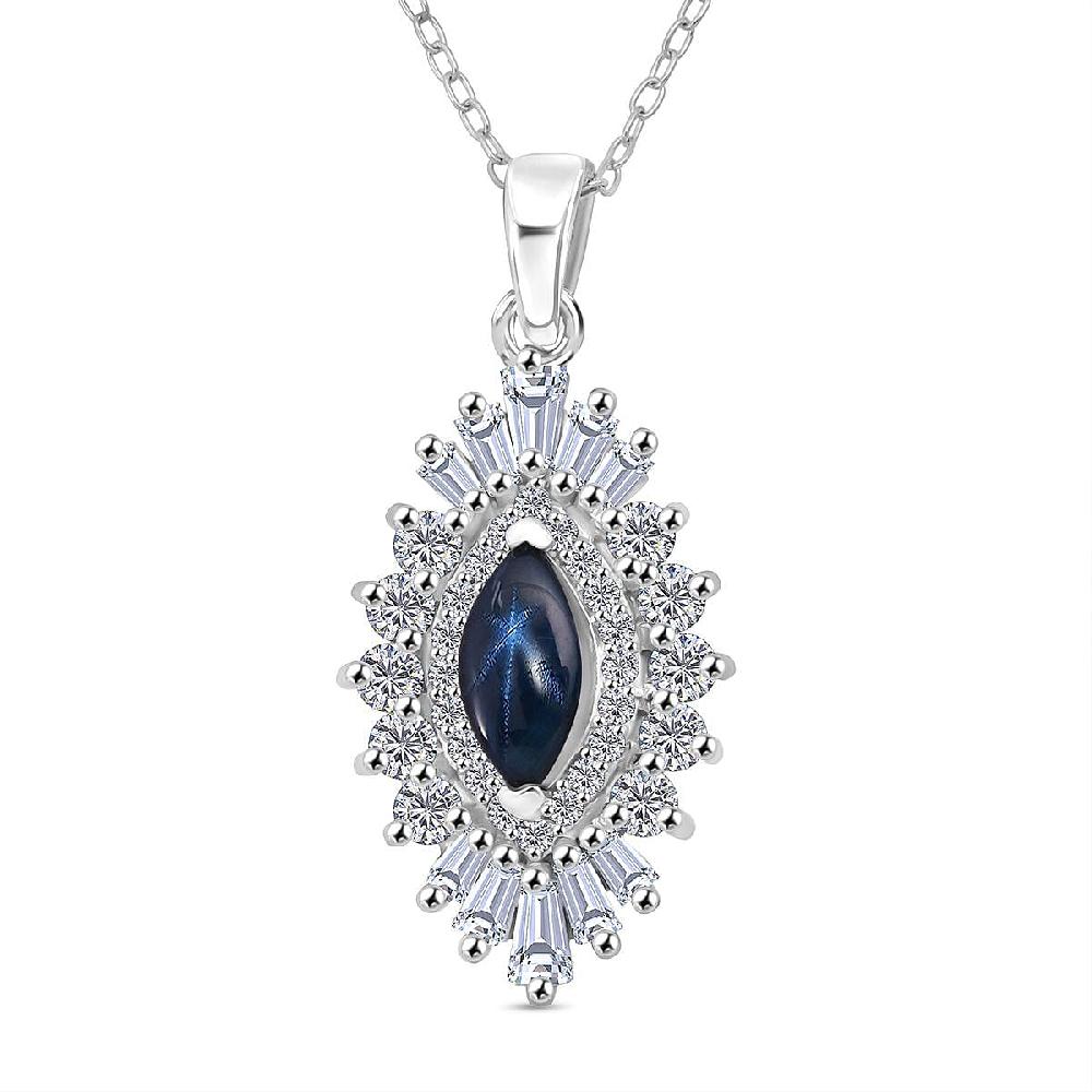D'Joy Premium Blue Star Sapphire (DF) and Moissanite 1.65 ctw Crown Ray Pendant Necklace in Rhodium Over Sterling Silver 20 Inches