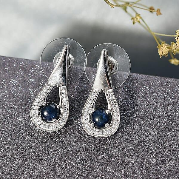 D'Joy Premium Blue Star Sapphire (DF) And Moissanite 2.15 Ctw Celestial Drop Earrings In Rhodium Over Sterling Silver