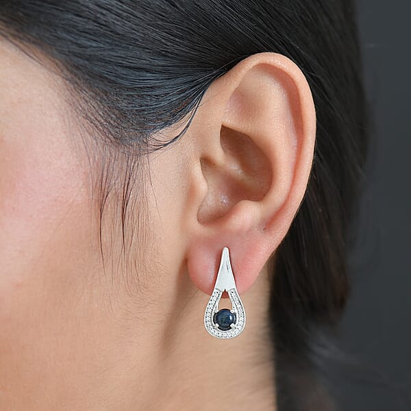 D'Joy Premium Blue Star Sapphire (DF) And Moissanite 2.15 Ctw Celestial Drop Earrings In Rhodium Over Sterling Silver