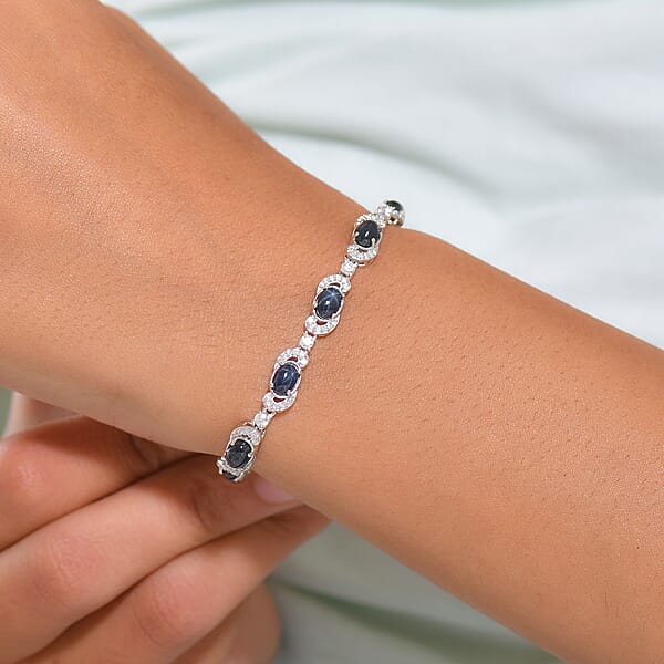 D'Joy Premium Blue Star Sapphire (DF) And Moissanite 11.00 Ctw Starlit Harmony Bracelet In Rhodium Over Sterling Silver (7.25 In)