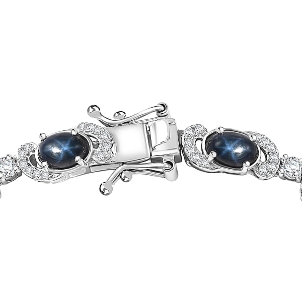 D'Joy Premium Blue Star Sapphire (DF) And Moissanite 11.00 Ctw Starlit Harmony Bracelet In Rhodium Over Sterling Silver (7.25 In)