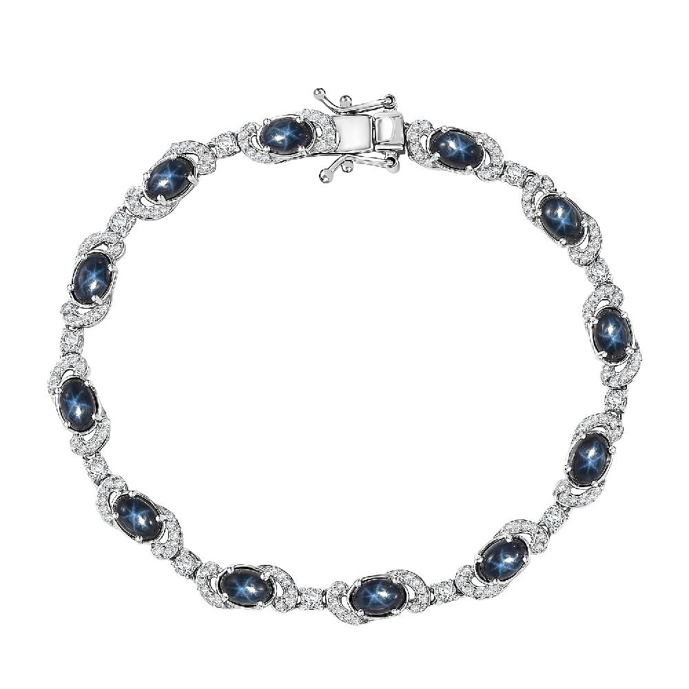 D'Joy Premium Blue Star Sapphire (DF) and Moissanite 11.00 ctw Starlit Harmony Bracelet in Rhodium Over Sterling Silver (7.25 In)